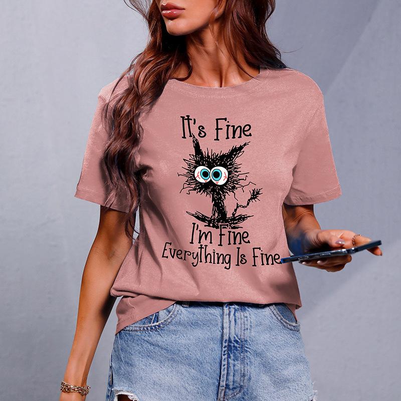 2025 Spring Summer New Short-Sleeve T-Shirt Black Cat Print Round Neck Solid Color Pullover Casual Short-Sleeve Women's Tops