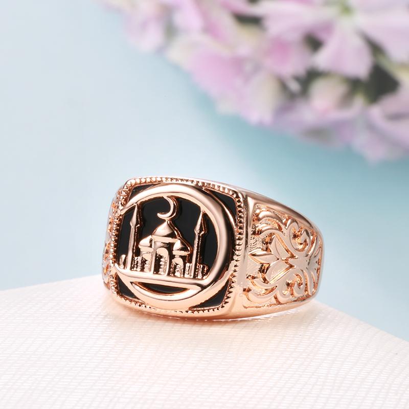 Punk Black Stone Square Castle Men Ring Fashion  Rose Gold Color Accessories High Quality Daily Fine Jewelry