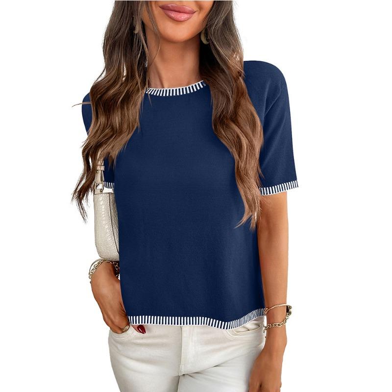 

Летние новые женские пуловеры с короткими рукавами, с круглым вырезом, с короткими рукавами, полосатый вязаный свитер L тёмно-синий