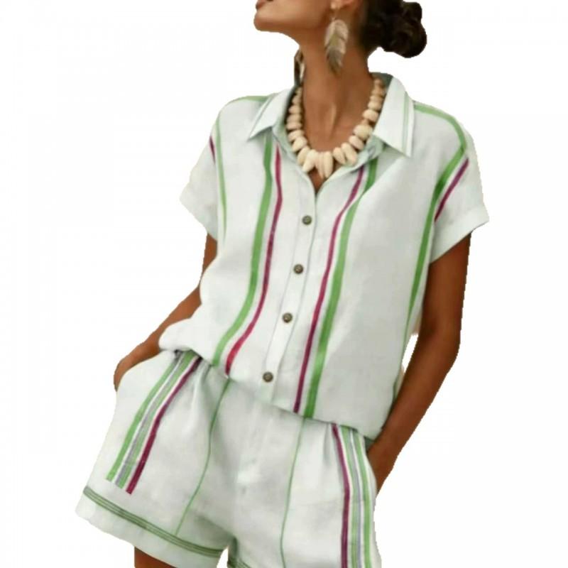 Womens 2026 Color-Block Short Sleeve Collar Shirt Shorts Set Casual Outfit