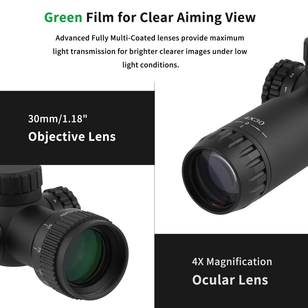 FOCUHUNTER 4x30 AO Compact Scope with Parallax Adjustable Focus, 5-Level Red and Green Reticle, 12MOA, 1200G Recoil, IP67 Waterproof, 16.5cm Long,