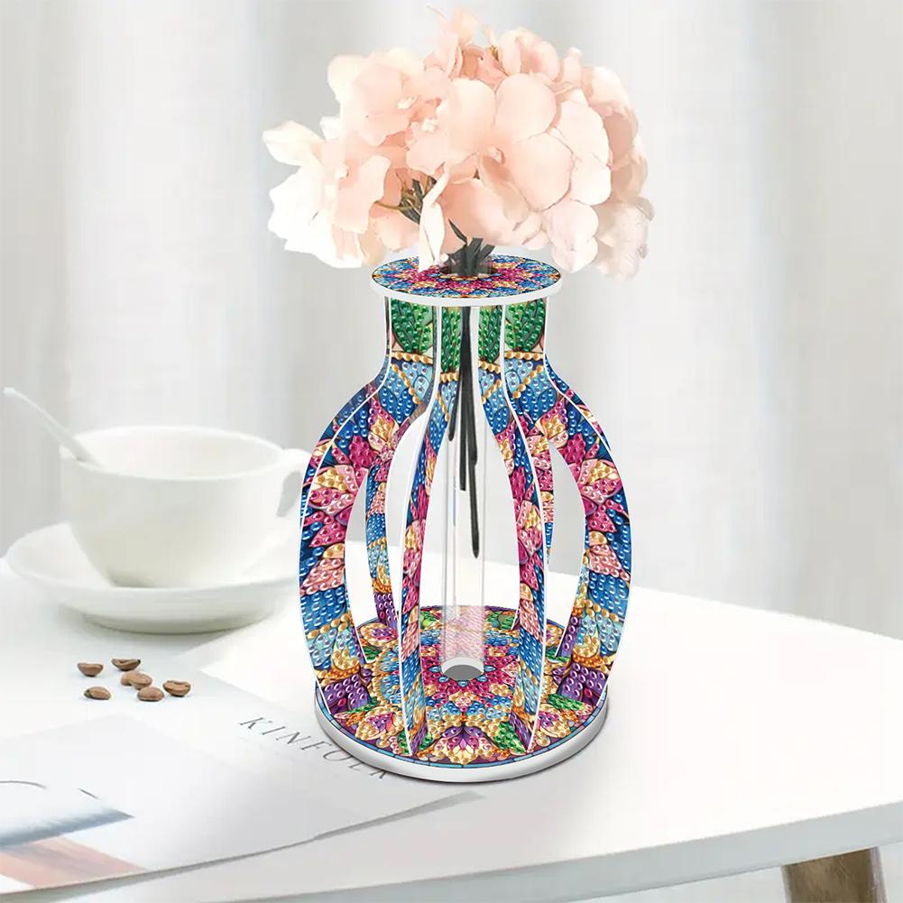 Acrylic Wood Colorful Pattern Diamond Mosaic Rhinestones Vase Diamond Painting Tabletop Vase Ornaments Kit for Home Office Decor