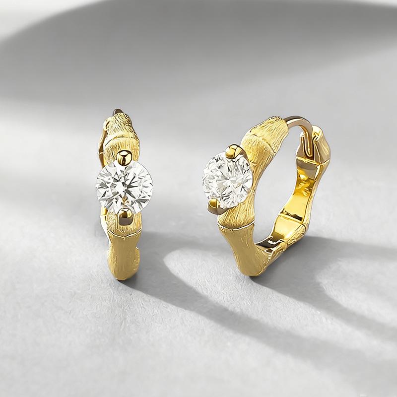 Xian Can Jewelry S925 Silver & Gold Bamboo Joint Ear Cuff with 5.0 Round Diamond in Vintage Brushed Retro Style (2025) S925 Silver