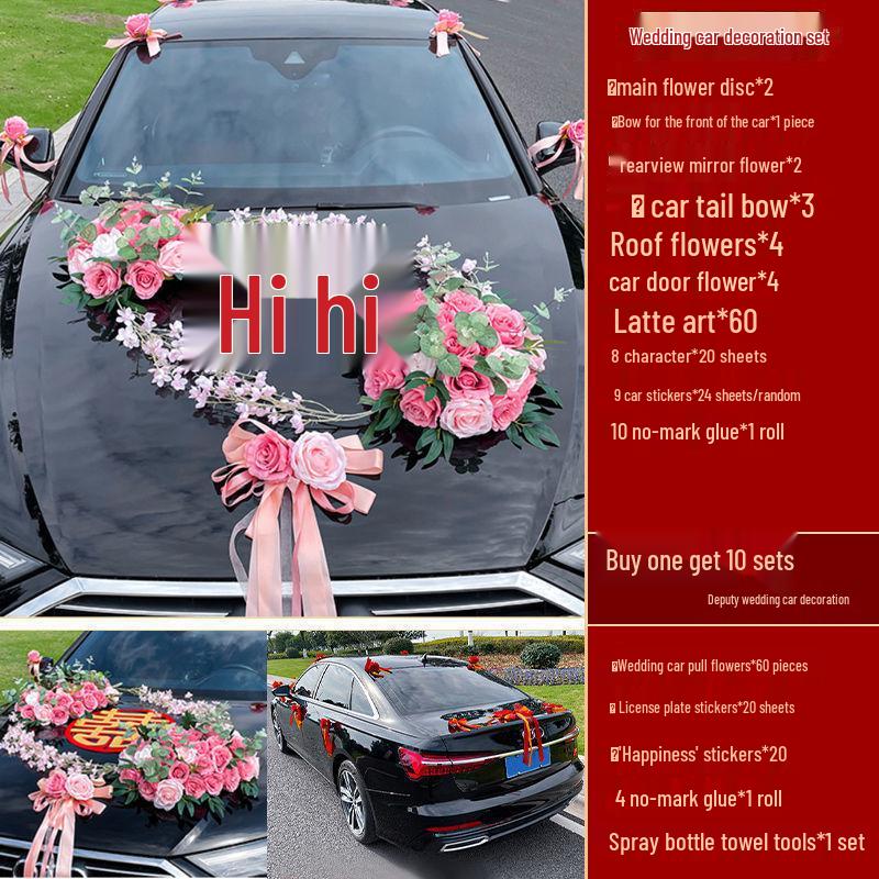 Complete Wedding Car Decoration Set: Front Flower Main Car and Lead Car Arrangement