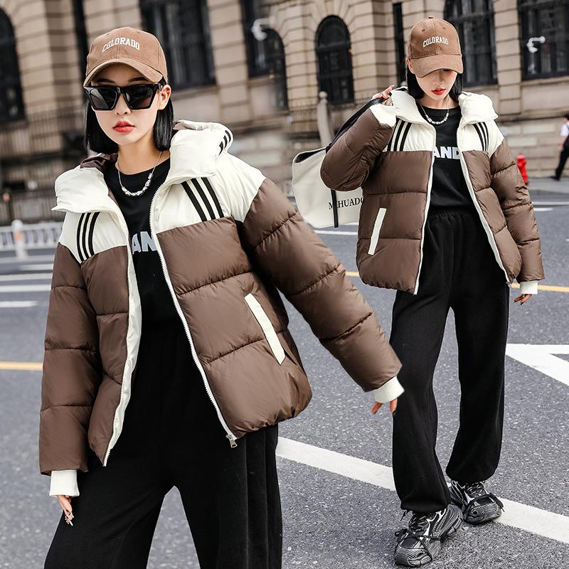 Short hooded color matching winter new down cotton thickened bread fashionable loose cotton coat