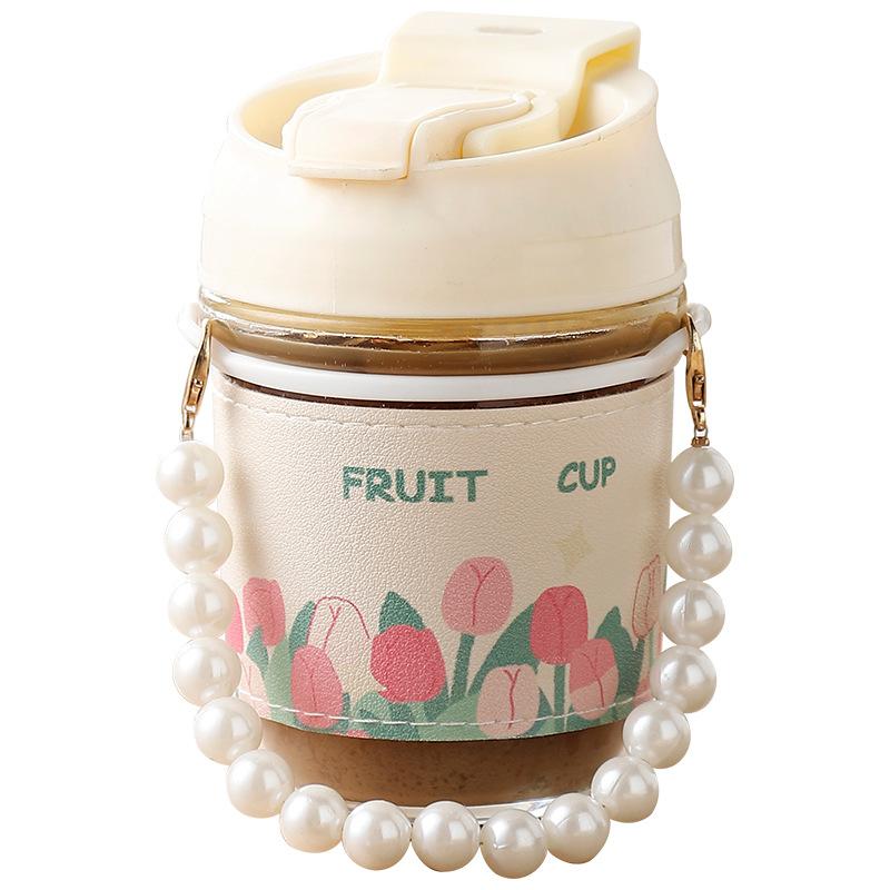 Pearl Cup Glass High Value Water Cup Straw Cup Coffee Cup Gift Double Drinking Cup Premium Sense Companion Cup