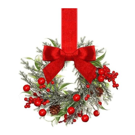 Mini vánoční věnec s červenou sametovou mašlí Dekorace na dvířka skříňky pro kuchyňské okno Selský dům Vchodové dveře Zeď Krb Bobulová girlanda