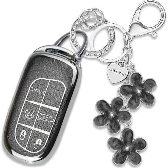 Pink TPU Key Fob Cover with Plum Blossom Keychain Compatible with Jeep Compass Cherokee Renegade Chrysler 200 300,Dodge Charger Challenger Journey Plblack