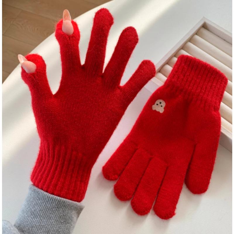 Korean Cute Bear Embroidered Wool Gloves for Women Autumn and Winter Knitted Touch Screen Student Warm Cycling Gloves Windproof