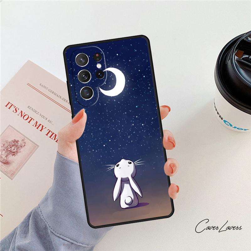 Bunny Rabbit Night Sky Moon Phone Case For Samsung Galaxy S24 S25 S23 S22 Ultra Note 10 20 Plus S20 S21 FE Cover