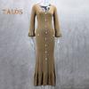 Spring Fall Women Dress Button Decor V Neck Knitted Long Sleeves Slim Fit Patchwork Fishtail Hem Solid Color Stretchy Maxi Dress