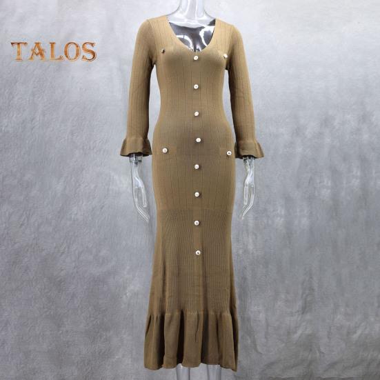 Spring Fall Women Dress Button Decor V Neck Knitted Long Sleeves Slim Fit Patchwork Fishtail Hem Solid Color Stretchy Maxi Dress