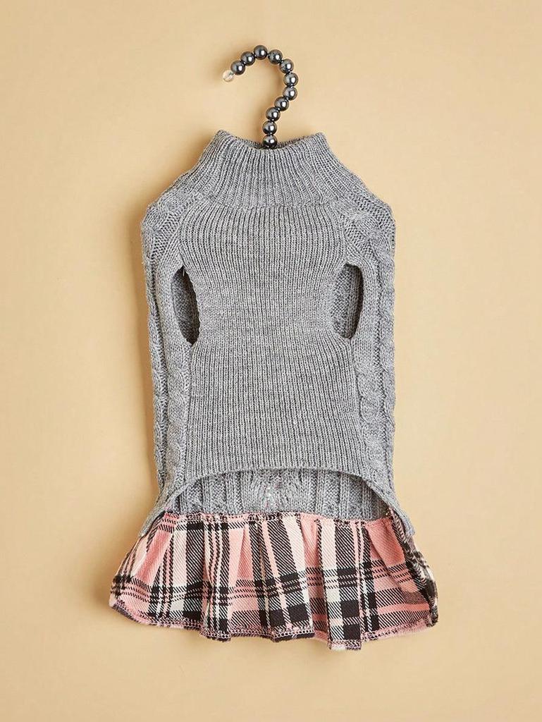 Pet Fall/Winter Outfit: Knit Sweater & Plaid Skirt with Bow-Tie for Dogs and Cats, Faux Two-Piece Design