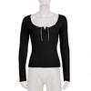 Korean Sweet Style Lace-Trim Two-Piece Long-Sleeve T-Shirt with Bowknot