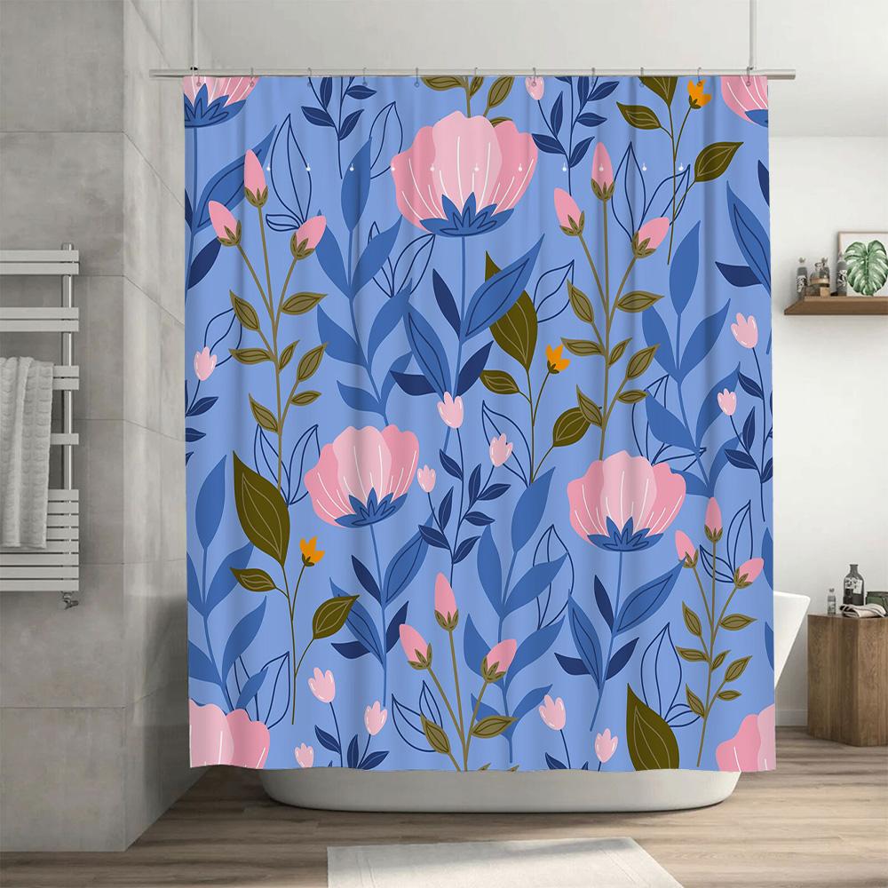 Modern Floral Shower Curtain Soft Pink Blue Leaves Pattern For Bathroom Decor Waterproof Fabric Bath Mat Set (180X180Cm) [Aliexp
