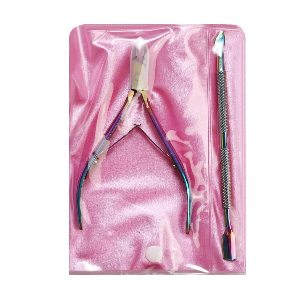 Iridescent Stainless Steel Cuticle Pusher & Scissors Set – 2 Pieces, Sharp Double-Pronged Nail Art Tools.