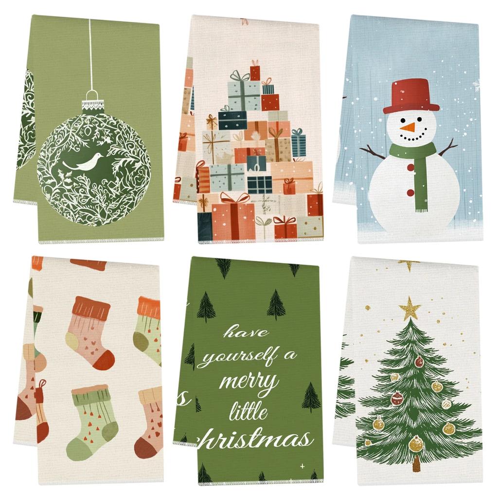 2/4/6pcs Set Kitchen Towels Snowman Christmas Tree patternHand Towels Christmas Decorations for Home Noel Dish Towels Gifts