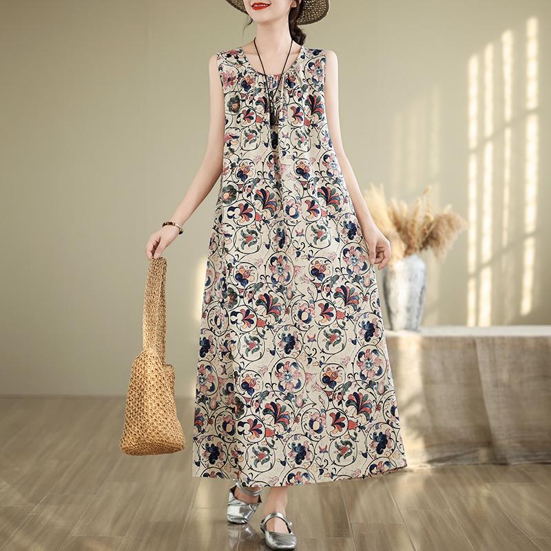 Elegant Women's Summer Dress Loose Sleeveless Plus Size Casual Long Dresses Vintage Clothes