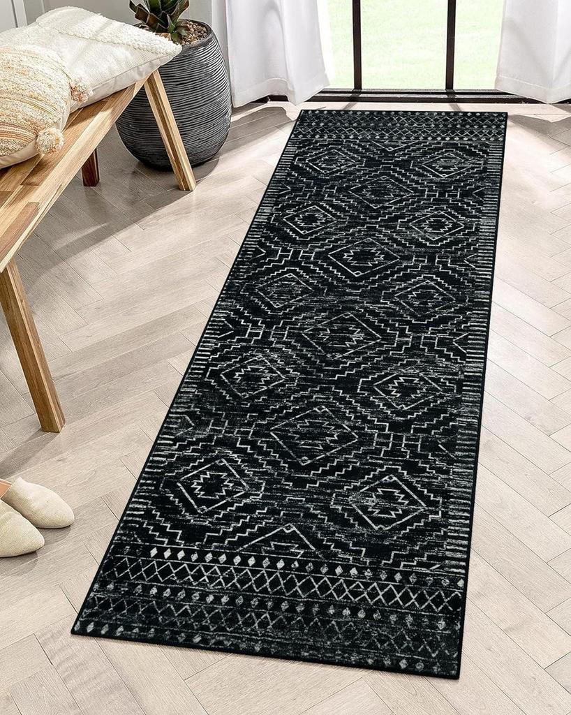Moroccan Style Carpet for Living Room Retro Washable Farmhouse Bedroom Black Boho Non-Slip Floor Mat Soft Rug for Kitchen Entry