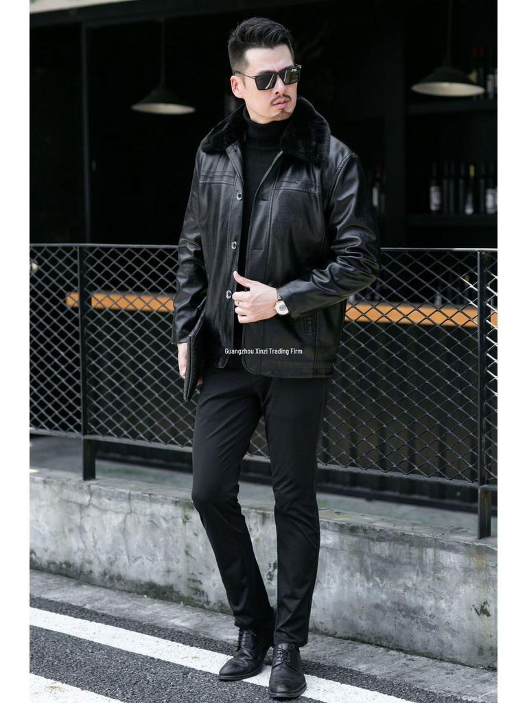 Men's Plus Velvet Leather Jacket with Thickened Fur Collar, Autumn/Winter Warmth, Ideal for Middle-Aged and Elderly Dads and Grandpas.