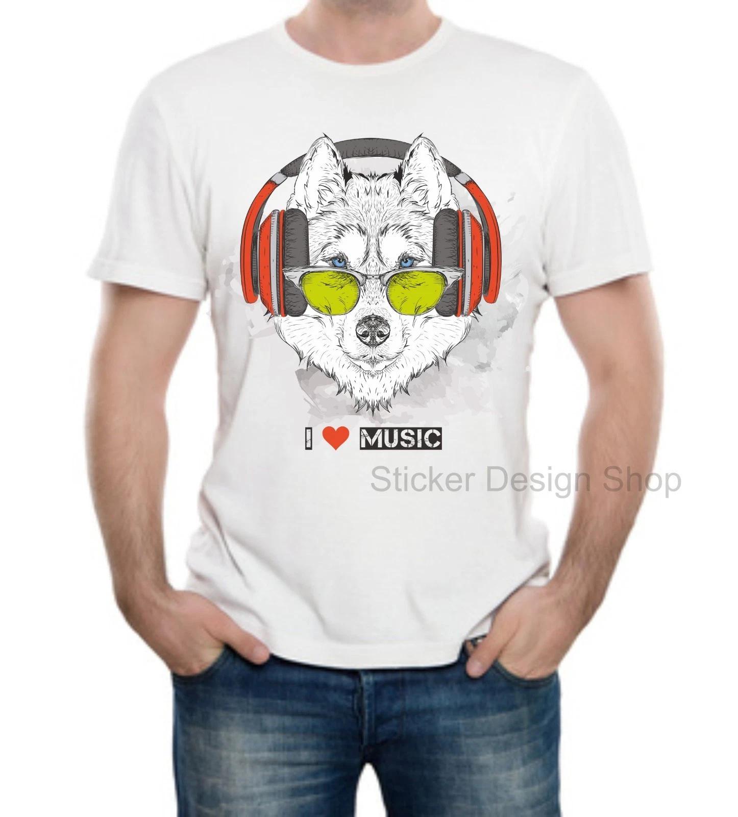 I Love Music Wolf Dog T-Shirt Print Unisex Cotton Fruit of The Loom L