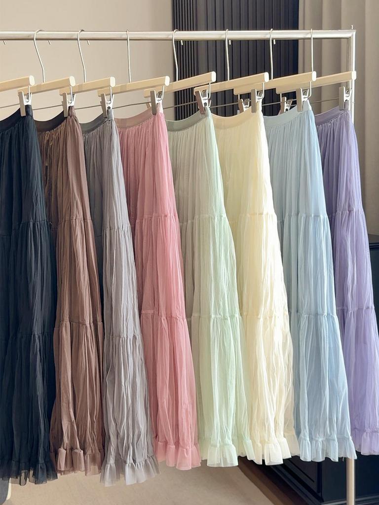 Korean-Style Pleated Elastic Waist Skirt - Women's Spring/Autumn, Slim Fit, Large Hem