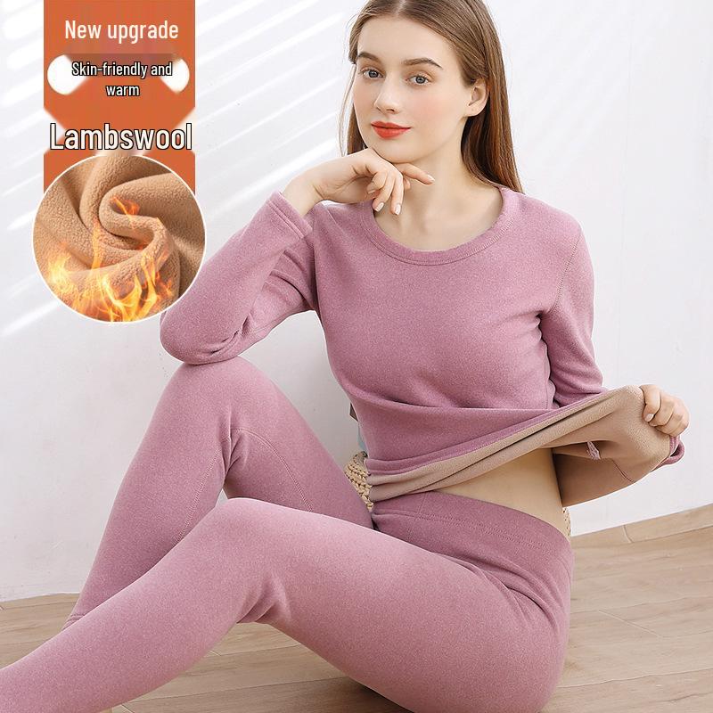 Women's Autumn Lambswool & Fleece Thermal Set: 460g Brushed Velvet Top & Bottoms for Cold Weather