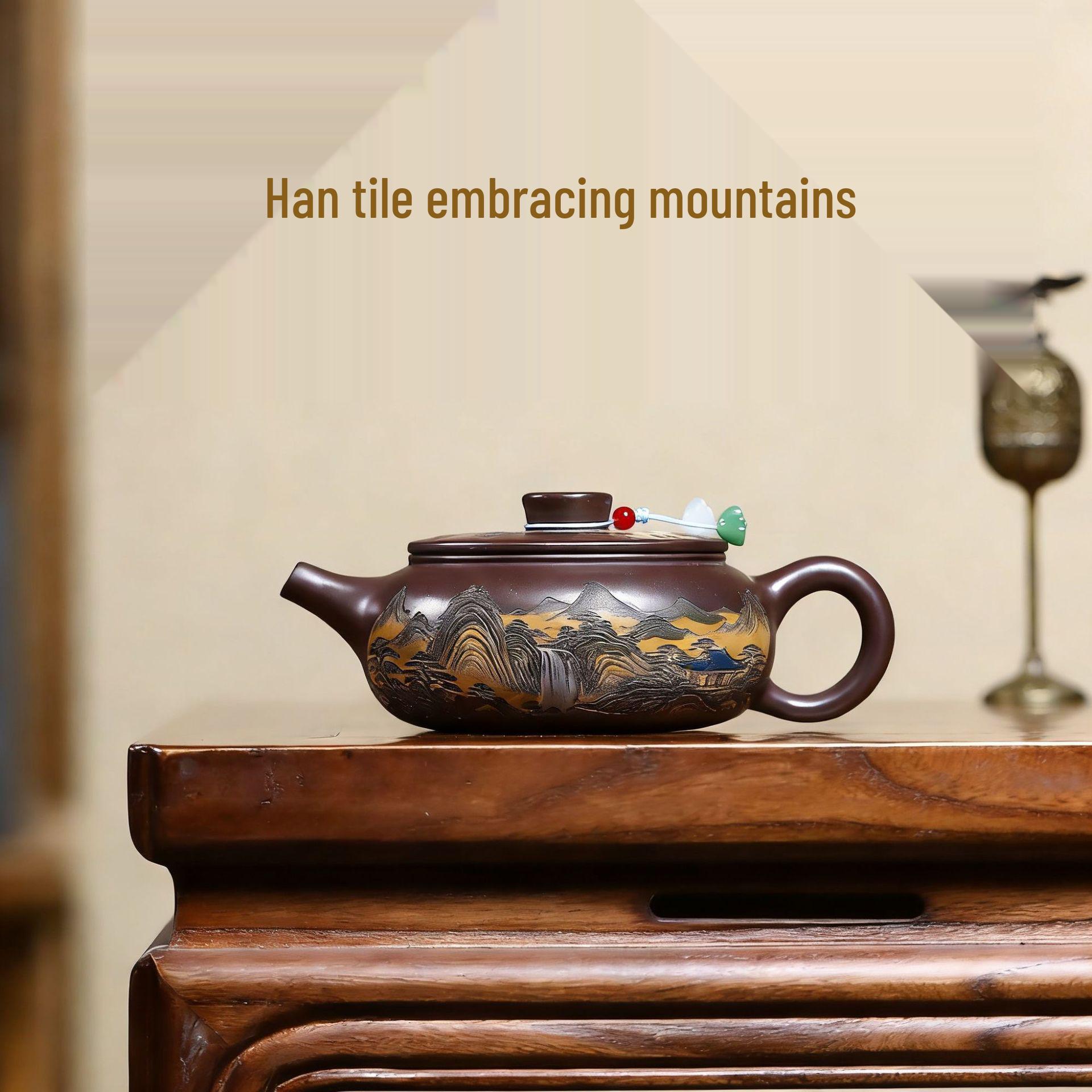 Yixing Zisha Teapot: Handmade Crimson Dragon Blood Gongfu Tea Set, Red Clay Lan Shan Pot. 290CC