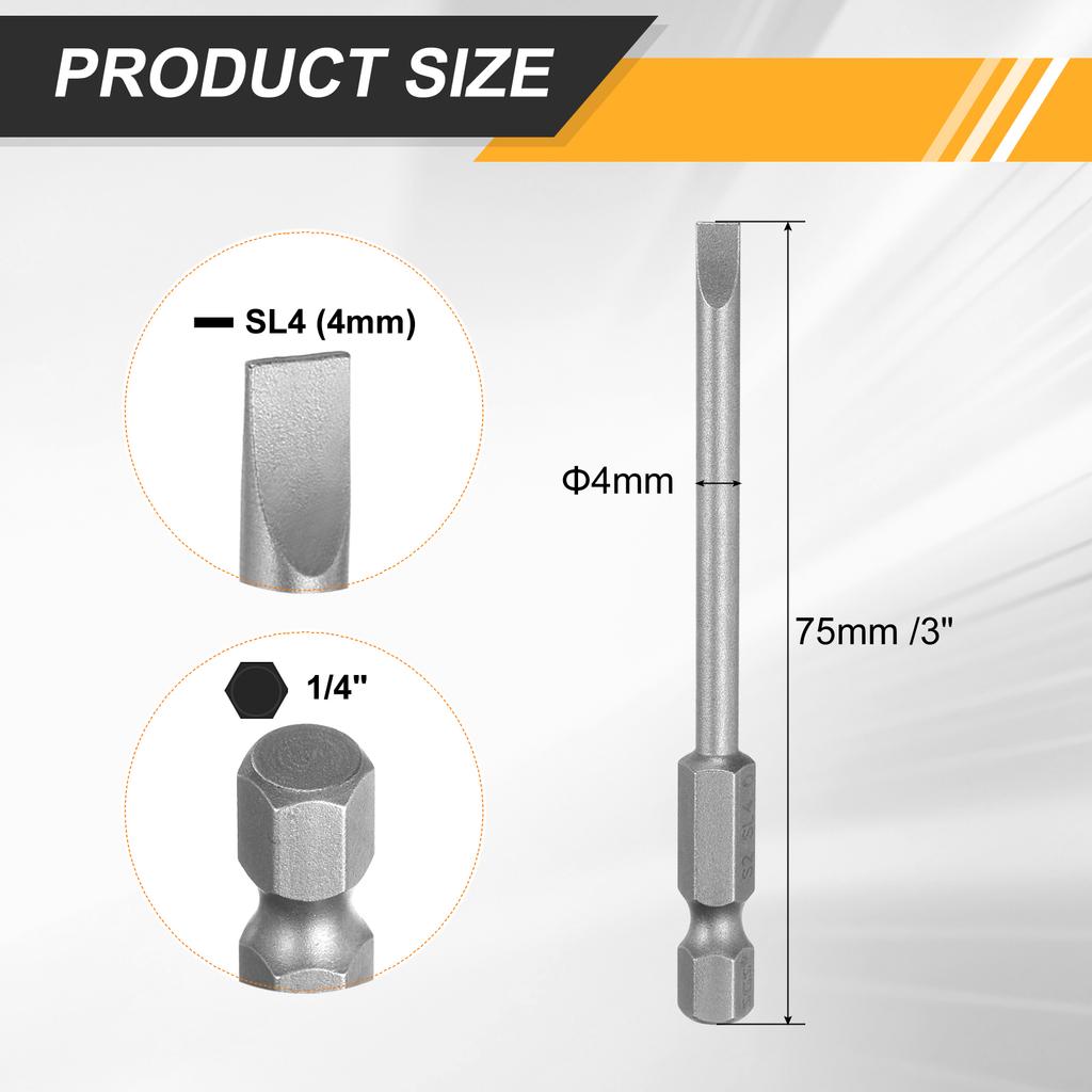 2/4/8pcs SL2/SL2.5/SL3/SL4/SL5/SL6 Slotted Screwdriver Bits 6mm Slotted Tip 1/4" Hex Shank 75mm (3") Long Magnetic Flat Head