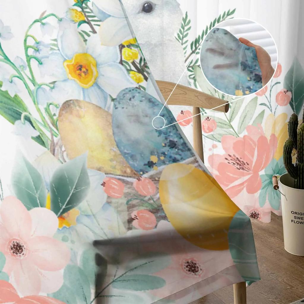 Osterhasen-Eier-Blumen-Tüllvorhänge für Wohnzimmer, durchsichtiger Vorhang für Schlafzimmer, Küche, Jalousien, Voile-Vorhänge
