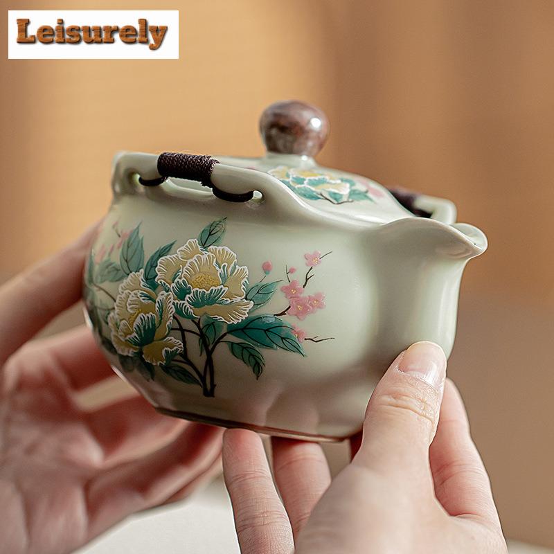 200ml Handmade Pea Green Ru Kiln Teapot Japanese Hibiscus Mutabilis Flower Hand Grab Pot Tea Brewing Kettle Puer Cha Decoration