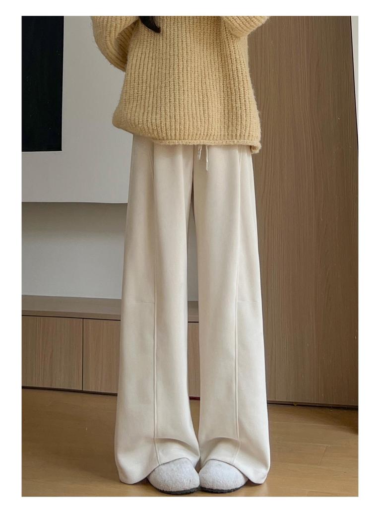 Women's High-Waisted Gray Corduroy Wide-Leg Pants - Autumn/Winter Plus Velvet Thickened Long-Leg Sports Sweatpants