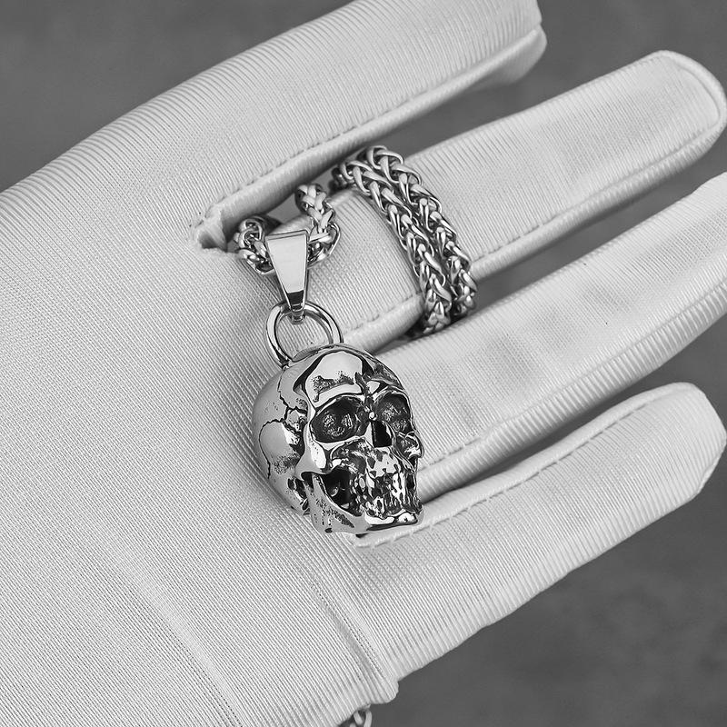 HNSP 316L Stainless Steel Solid Skull Head Pendant Chain Necklace For Men Punk Gothic Motorcycle Style Skeleton Jewelry Gift