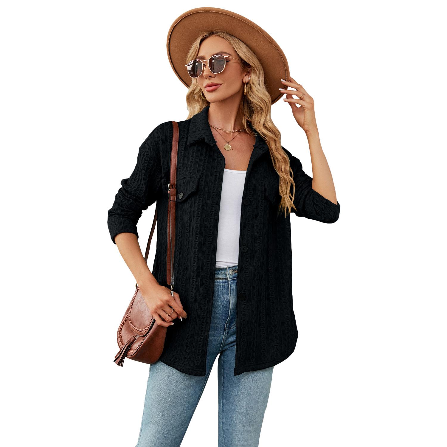 

Весенне-осенняя женская куртка-рубашка Трехмерная жаккардовая куртка Однобортная свободная повседневная блузка с длинными рукавами XXL чёрный