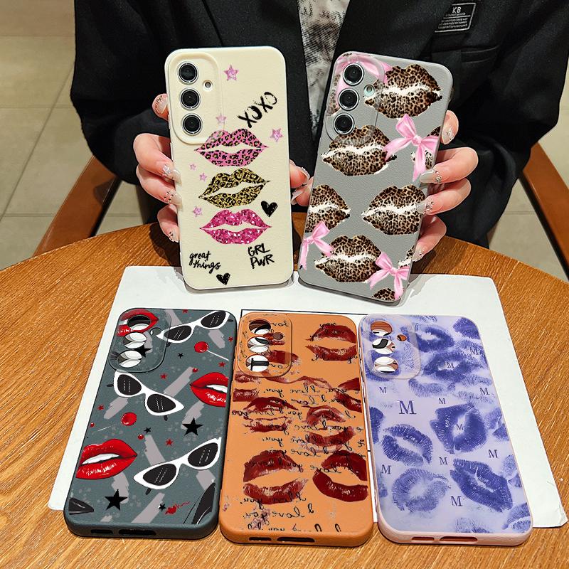 Cool Kiss Lips Print Case For Samsung S26 Ultra S25 A18 S24 S23 S22 S21 FE A15 A16 A17 A35 A36 A37 A54 A55 A56 A57 Leather Texture Silicone Cover
