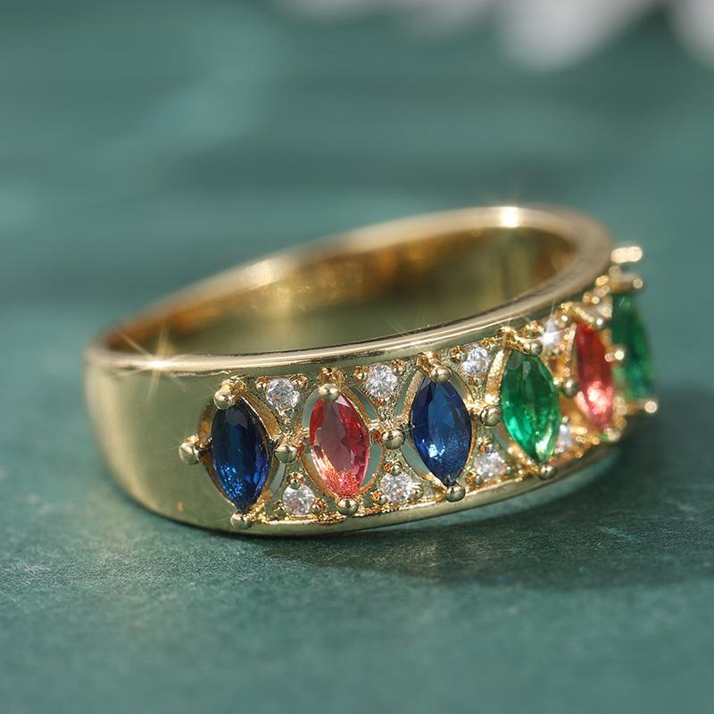 Gorgeous Inlaid Red Green Blue CZ Women's Ring Trendy Gold Color Geometry Daily Wear Party Jewelry Anniversary Gift