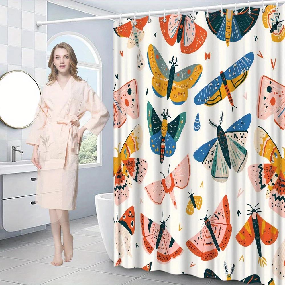 ~O~1pc Whimsy Wonders Shower Curtain - Artsy Butterfly Design, Polyester, Washable, 12 Hooks,70x70In, All-Season, Universal Holi