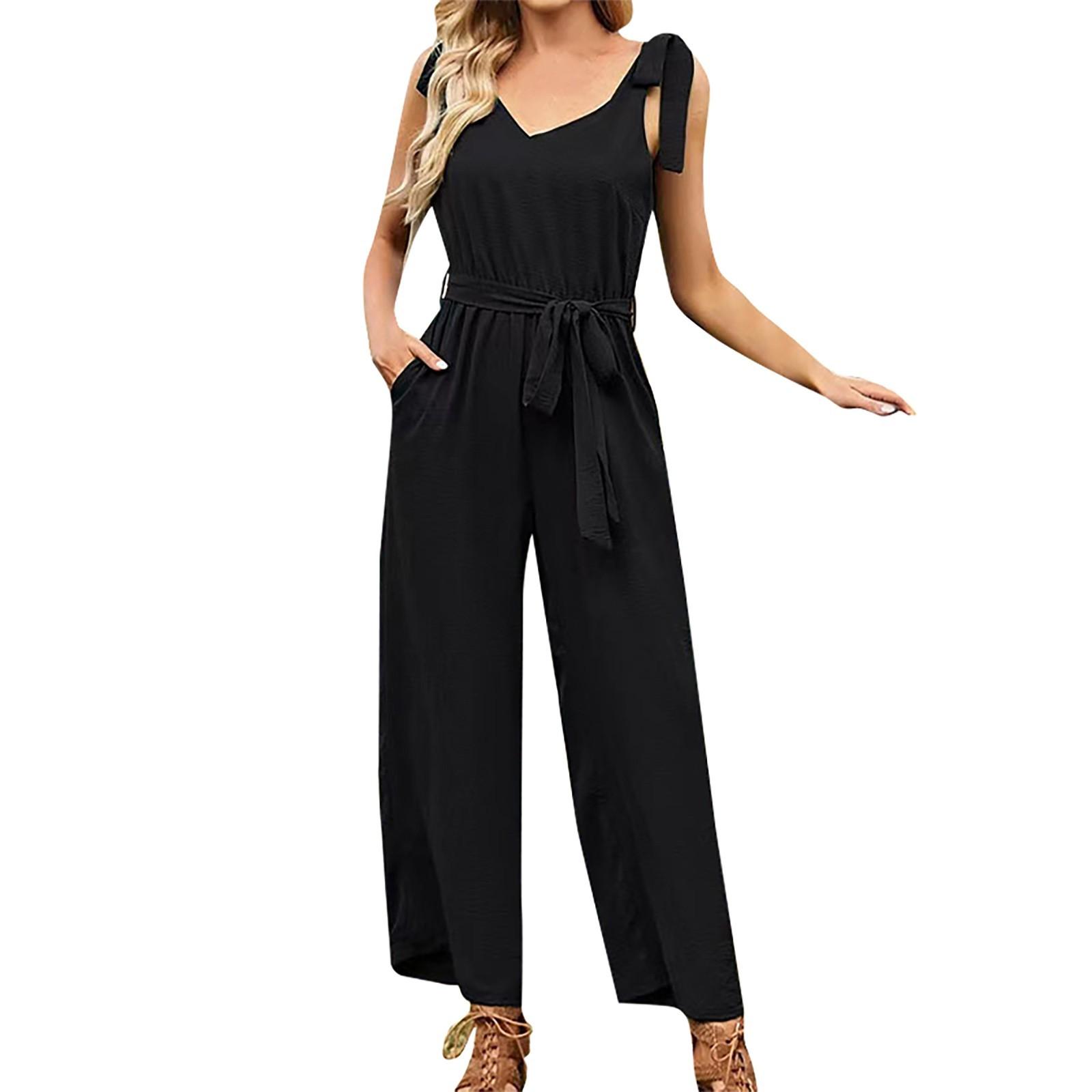 

Женский повседневный свободный однотонный комбинезон без рукавов с завязками и укороченными брюками L чёрный