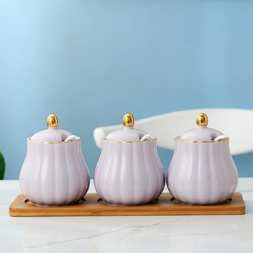Creative Kitchen Ceramic Seasoning Jar Three-piece Seasoning Jar Seasoning Box Combination Salt Jar Chili Oil Cans Household