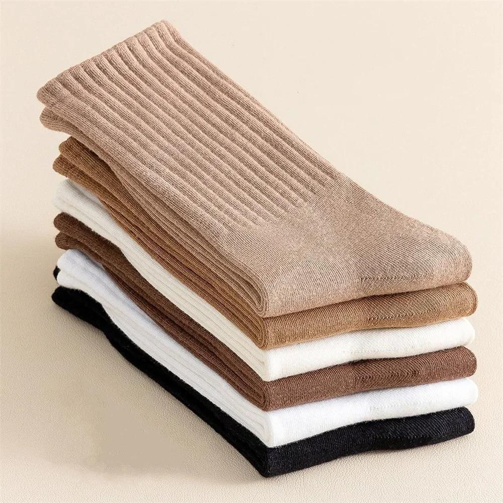 5 Pairs Mid Tube Polyester Cotton Women Socks Pack Set Japanese Fashion Solid Color Girls Vertical Stripes Socks