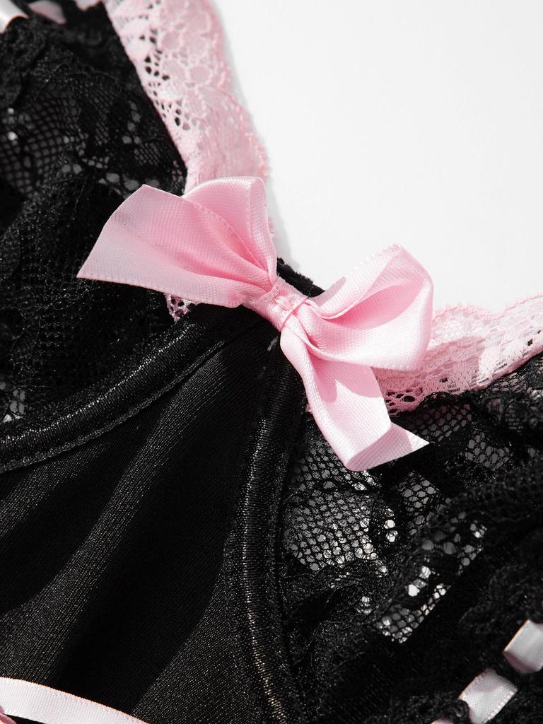 Foshan Lace Bow See-through Lingerie & Garter Skirt Set