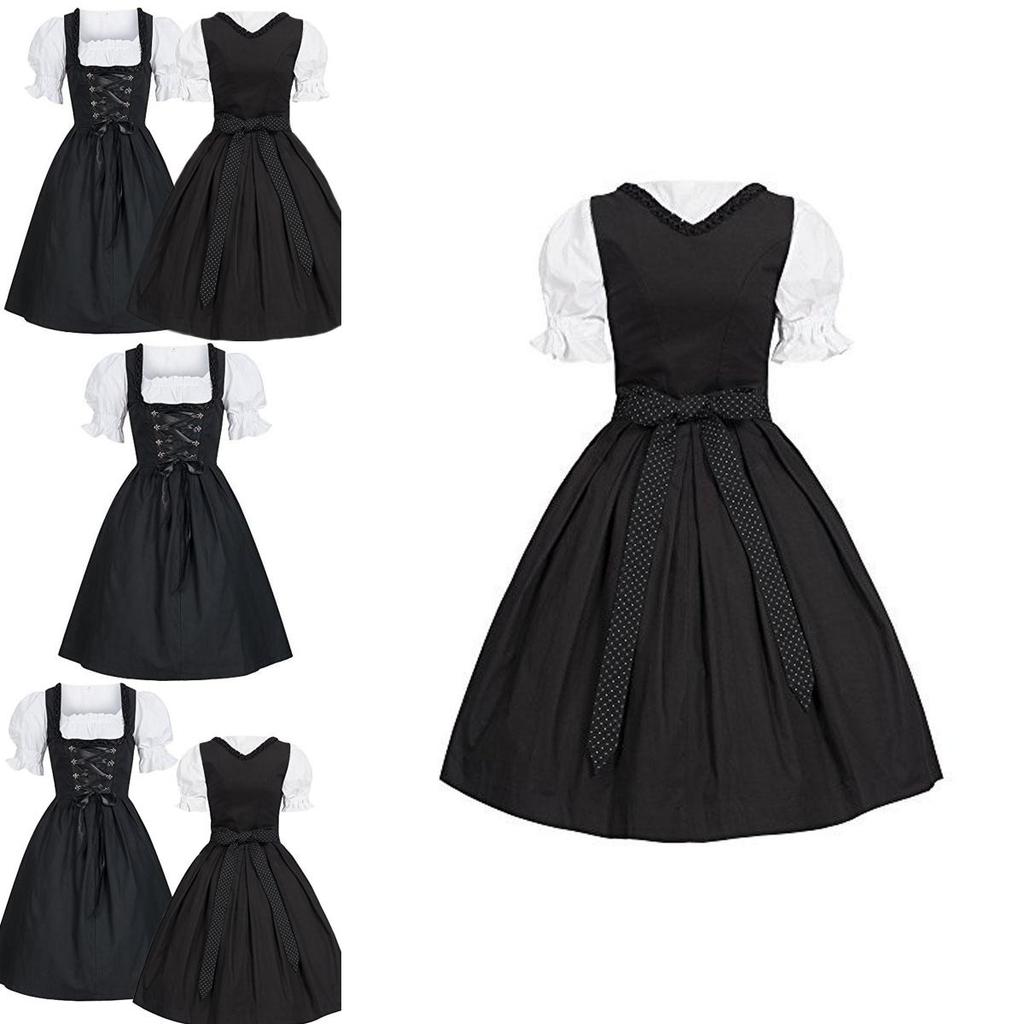 Costume Dirndl Bavarese Vintage con Vita Elastica e Maniche a Bolla per Occasioni Festive