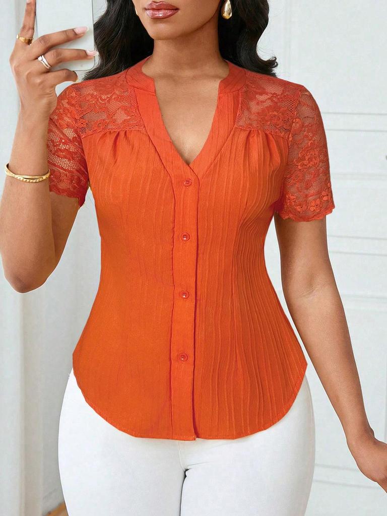 Women's Summer V-neck Embroidered Hollow Short-sleeve Shirt