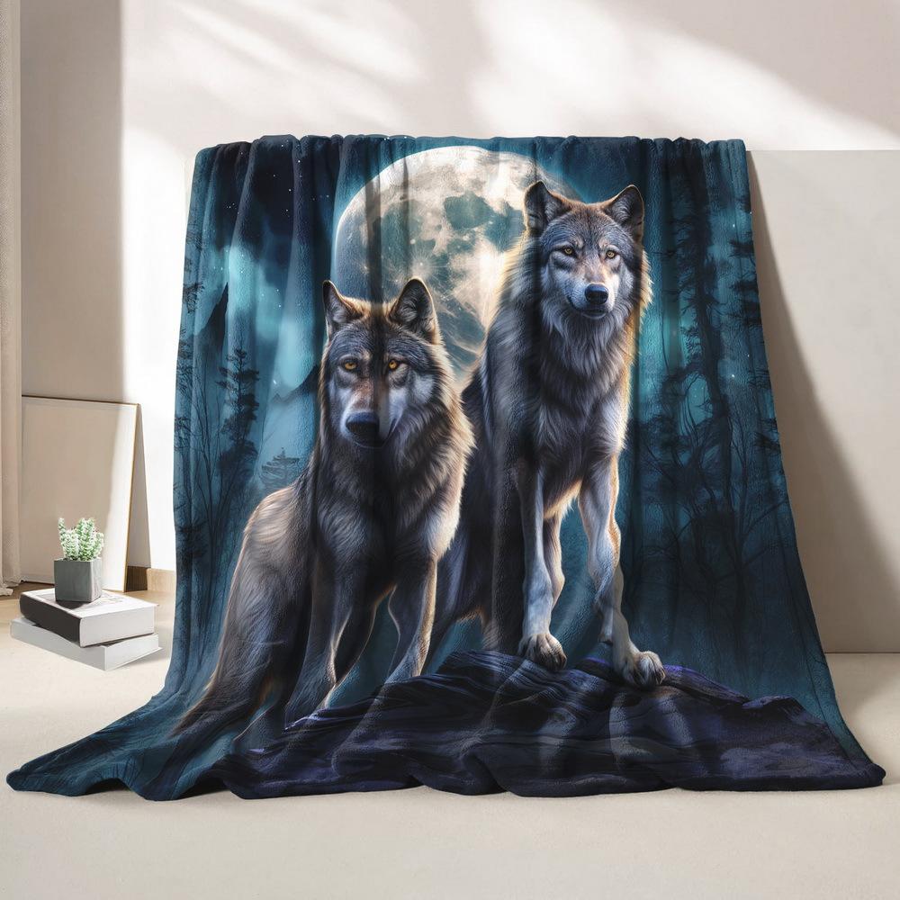 Two Wolves Moon Forest Flannel Throw Blanket Night Sky Full Moon Wild Animal Sofa Blanket