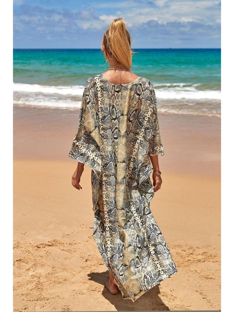 European & American Rayon Print Beach Cover-up Dress - Long, Loose Bikini Swimsuit Robe for Women