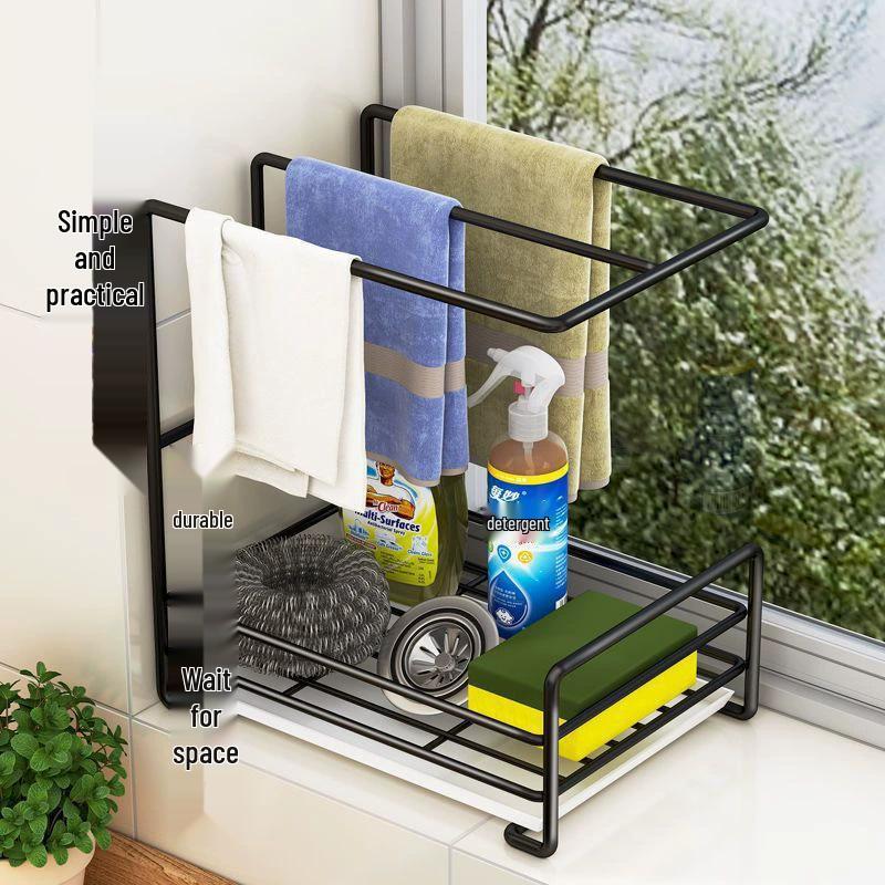 No-Drill Wall-Mounted Towel and Sponge Drying Rack with Multi-Functional Kitchen Storage