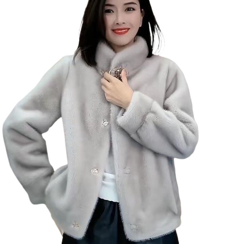 Autumn and Winter New Short Stand-up Collar Imitation Mink Leather Imitation Fur Jacket for Women's Middle-aged and Elderly Mothers