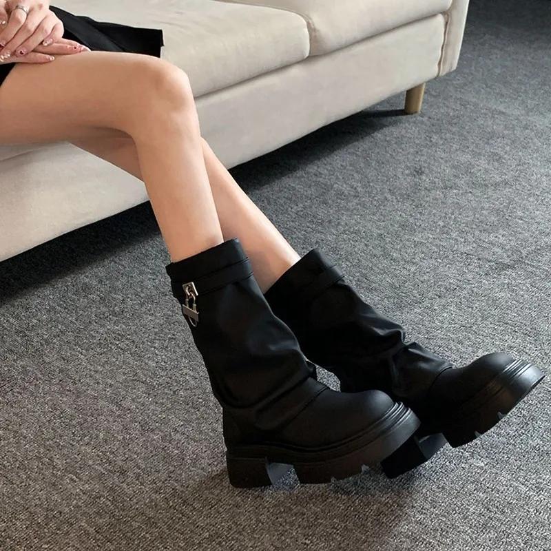 Heel Boots Shoes  Round Toe Luxury Designer Boots-Women Elegant Lolita Autumn Rock Ladies Fashion Ankle  Solid Slip