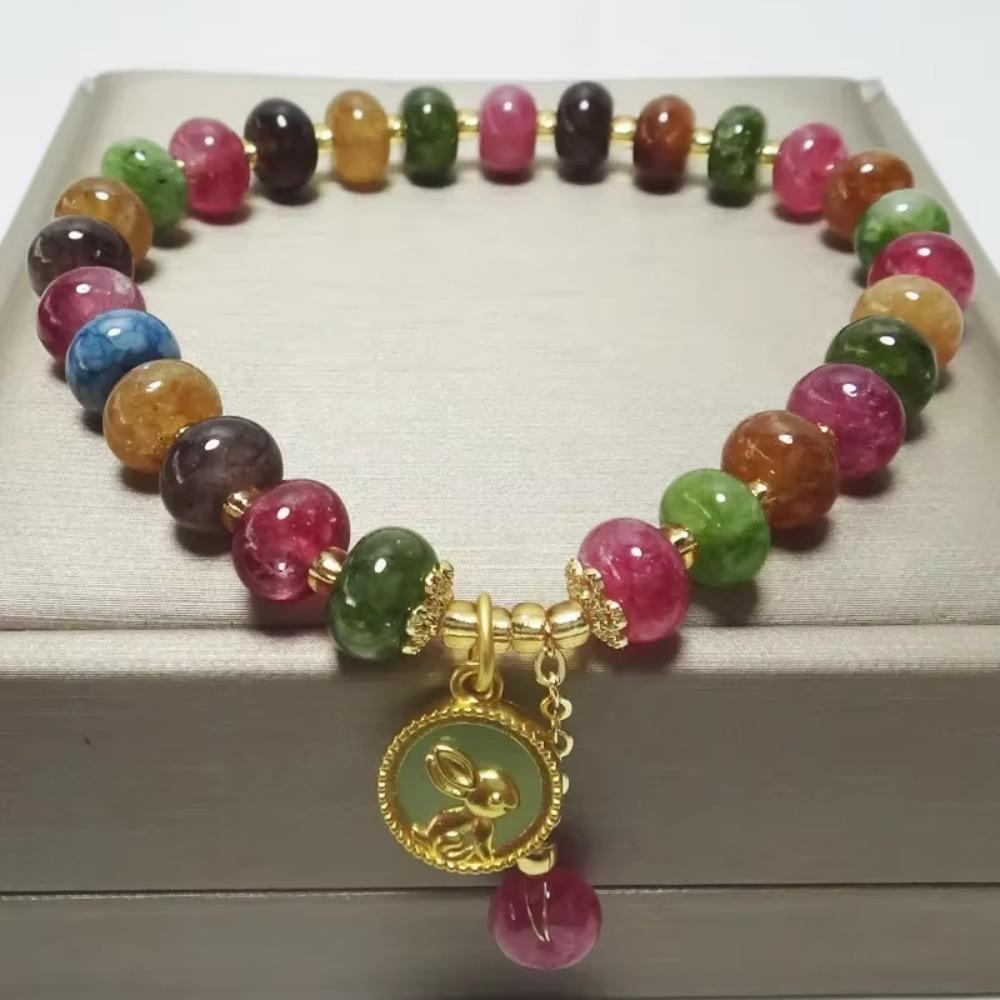 Colorful Bead String Bracelet Rabbit Pendant Beaded Hand Bangle Retro Stone Beads Bracelet Gifts