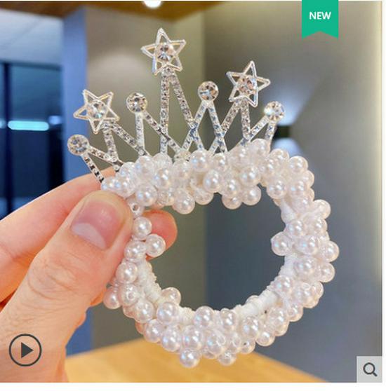 Pearl Crown High Ponytail Hair Ring for Girls - Cute Elastic Headband Accessory for Children